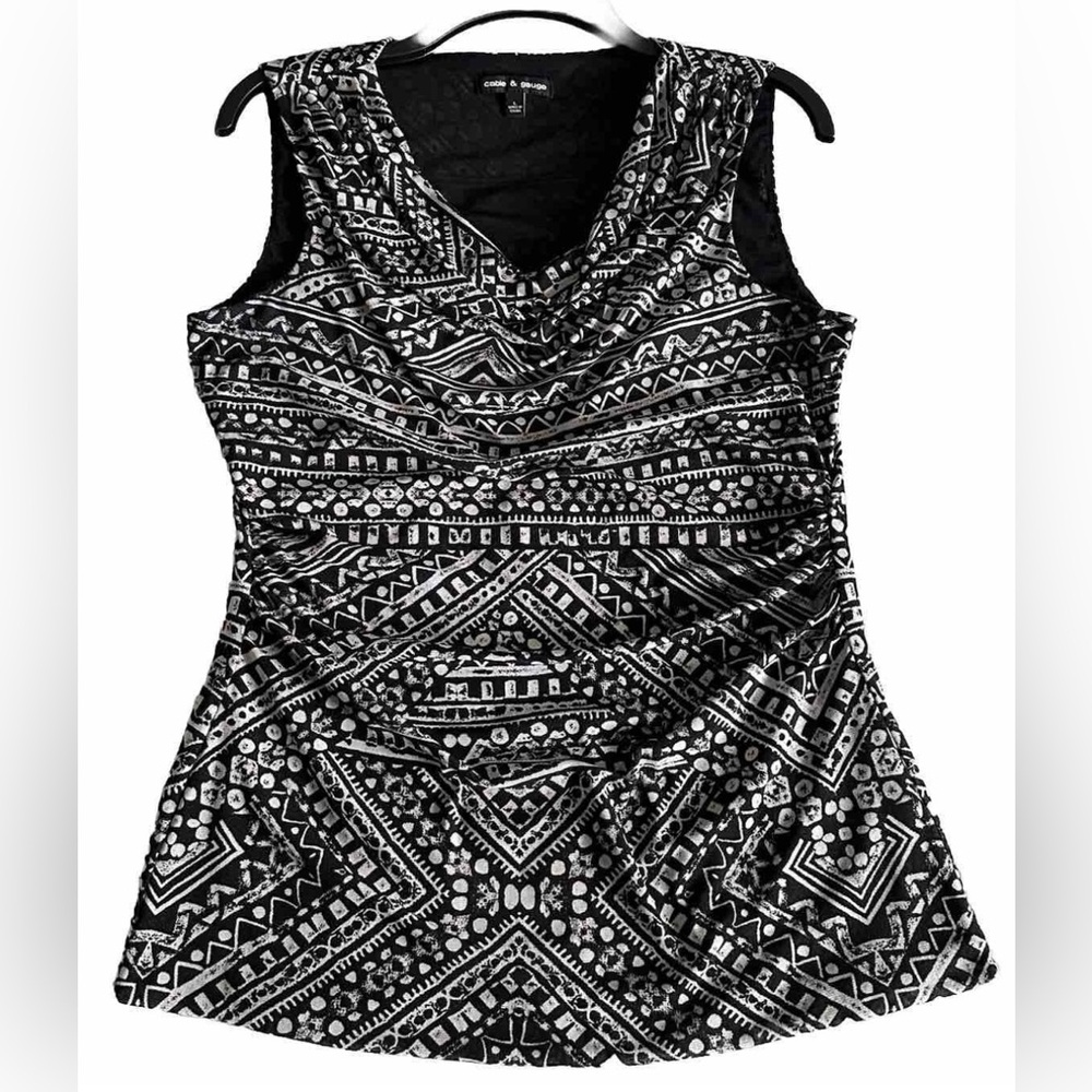 Cable & Gauge Drape Neck Geometric Mesh Overlay Ruched Tank Blouse SZ L Lined